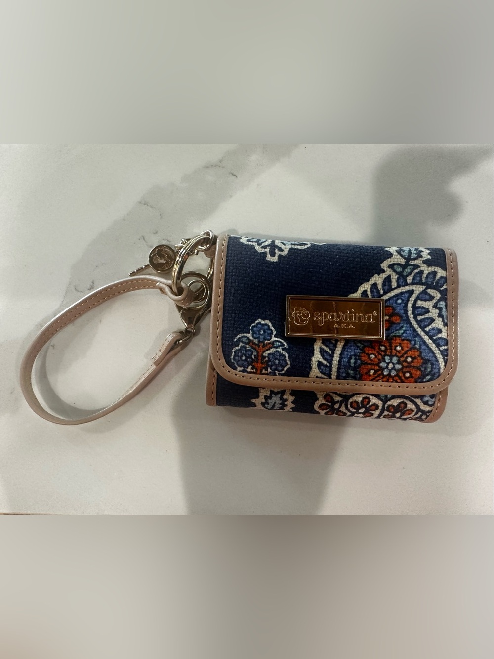 Spartina 449 Blue and Orange Wristlet with Floral Accents Gold Accents